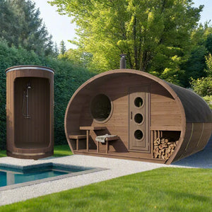 SaunaLife 8 Person Outdoor Barrel Sauna with Changeroom | G11 Sauna Life