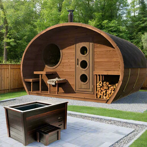SaunaLife 8 Person Outdoor Barrel Sauna with Changeroom | G11 Sauna Life