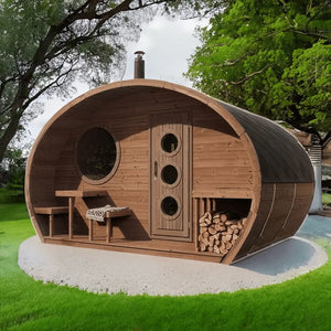 SaunaLife 8 Person Outdoor Barrel Sauna with Changeroom | G11 Sauna Life