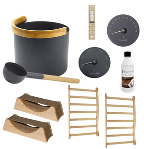 Essential Sauna Accessories Package | Bucket & Ladle, Thermometer, Hygrometer, Sand Timer, Backrest, Headrest, Paraffin Oil