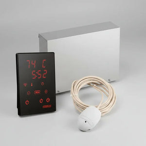 Harvia Xenio WiFi and Digital temperature controller with cable and sensor on a gray background