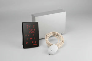 Harvia Xenio WiFi Digital Sauna Heater Temperature Control panel with a digital display showing temperature and settings, alongside a power unit and cables. - Fitness Recovery Lab