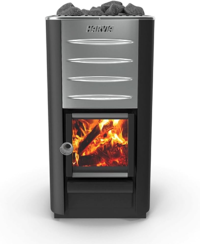 Harvia M3 Wood-burning stove with visible fire  on a white background
