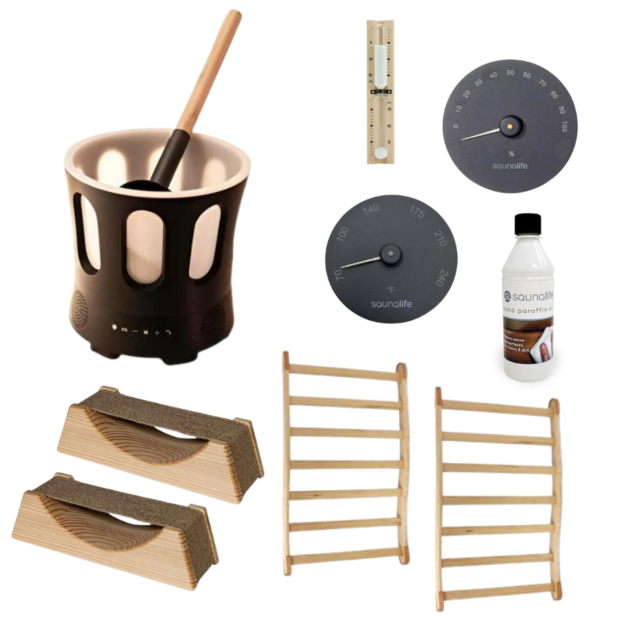 Essential Sauna Accessories Package | Bucket &amp; Ladle, Thermometer, Hygrometer, Sand Timer, Backrest, Headrest, Paraffin Oil