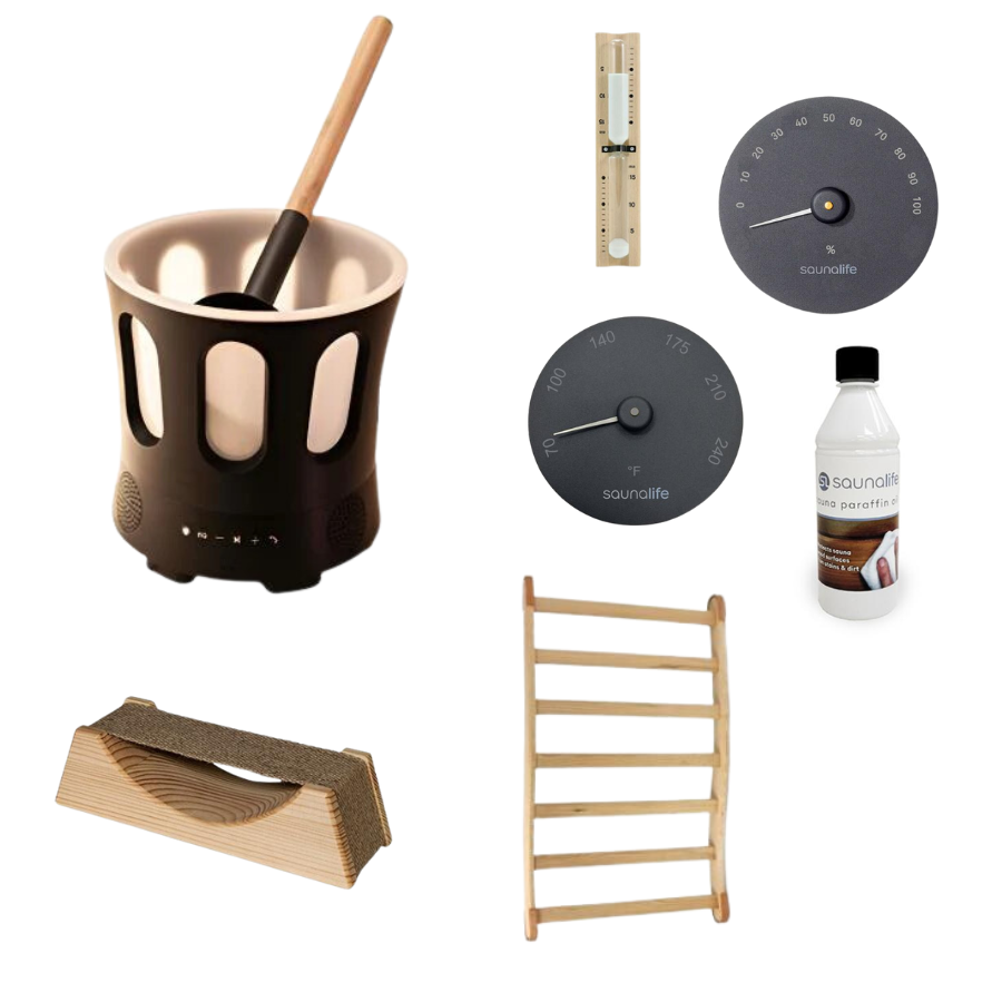 Essential Sauna Accessories Package | Bucket &amp; Ladle, Thermometer, Hygrometer, Sand Timer, Backrest, Headrest, Paraffin Oil