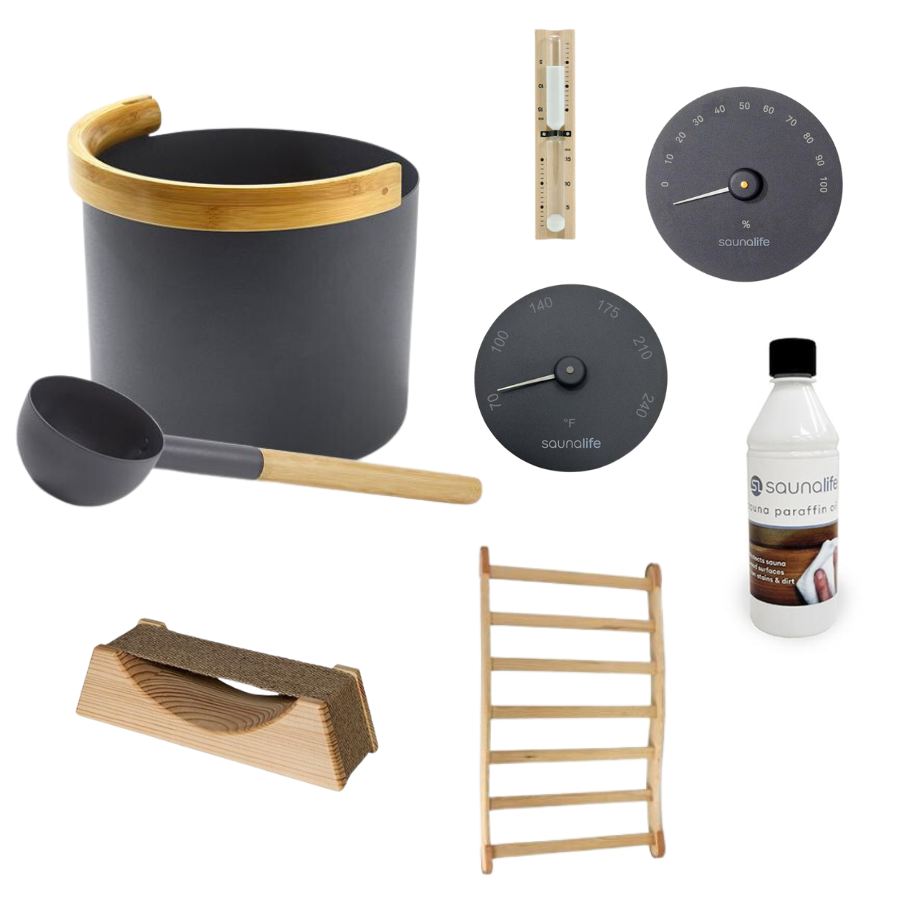 Essential Sauna Accessories Package | Bucket &amp; Ladle, Thermometer, Hygrometer, Sand Timer, Backrest, Headrest, Paraffin Oil