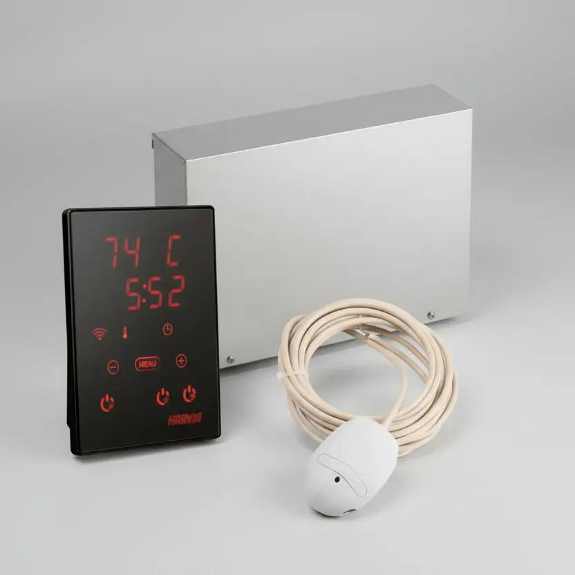 Harvia Xenio WiFi and Digital temperature controller with cable and sensor on a gray background