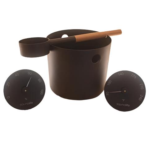 SaunaLife Bucket, Ladle, Hygrometer and Thermometer | Sauna Accessory Package