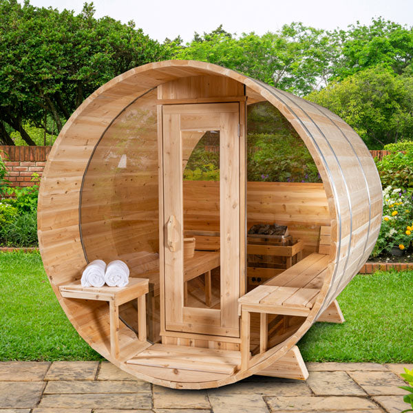 Dundalk Tranquility Barrel Sauna w/ Panoramic Glass 4-8 Persons - Fitness Recovery Lab