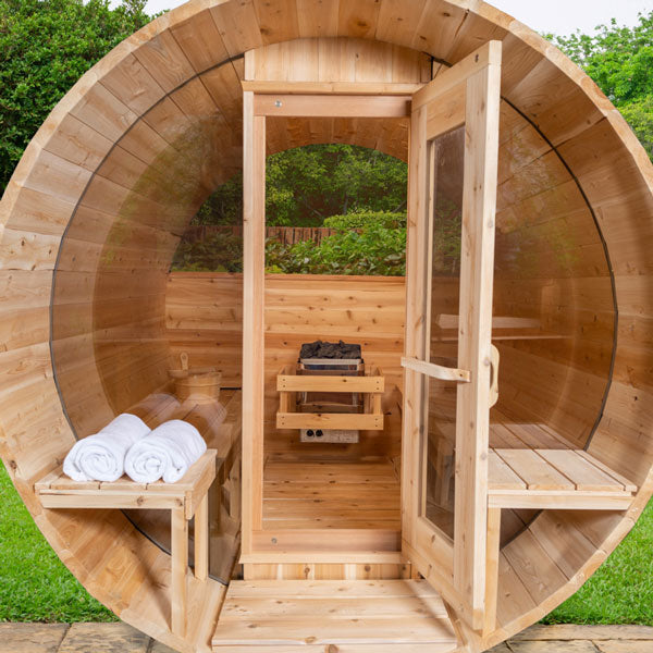 Dundalk Tranquility Barrel Sauna w/ Panoramic Glass 4-8 Persons - Fitness Recovery Lab