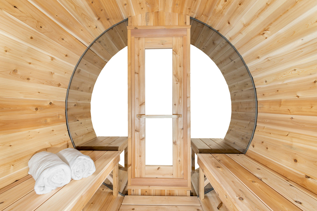 Dundalk Tranquility Barrel Sauna w/ Panoramic Glass 4-8 Persons - Fitness Recovery Lab